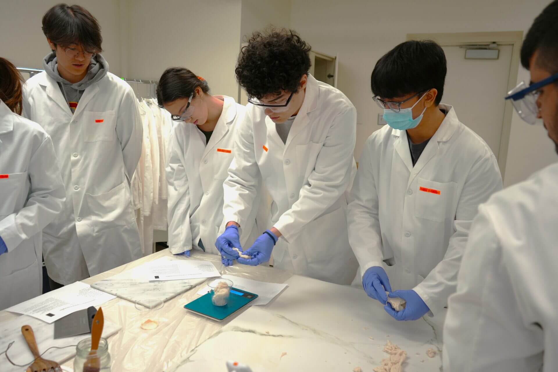 Students in white lab boats working in a lab